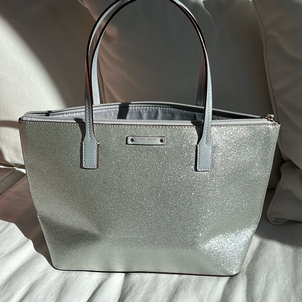New Kate Spade silver tote 14 1/2 inch by 9 
Beautiful, clean lining